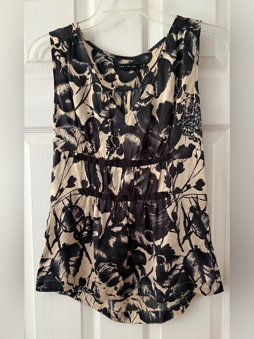 The Limited Black and Cream Floral V-Neck Silk Blouse